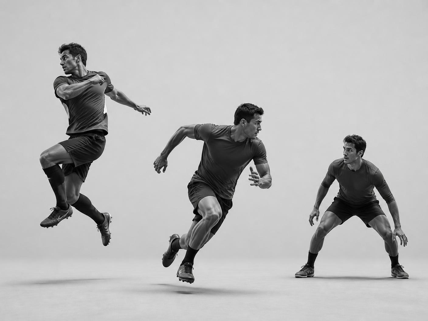 Three athletes reacting in different directions across open space